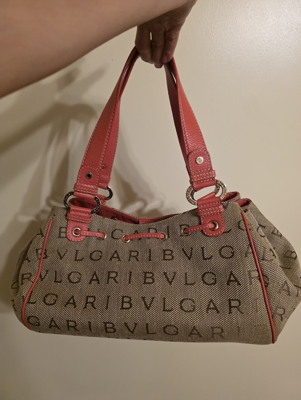 Authentic Bulgari Beige Canvas Shoulder Bag with Red Trim From Japan